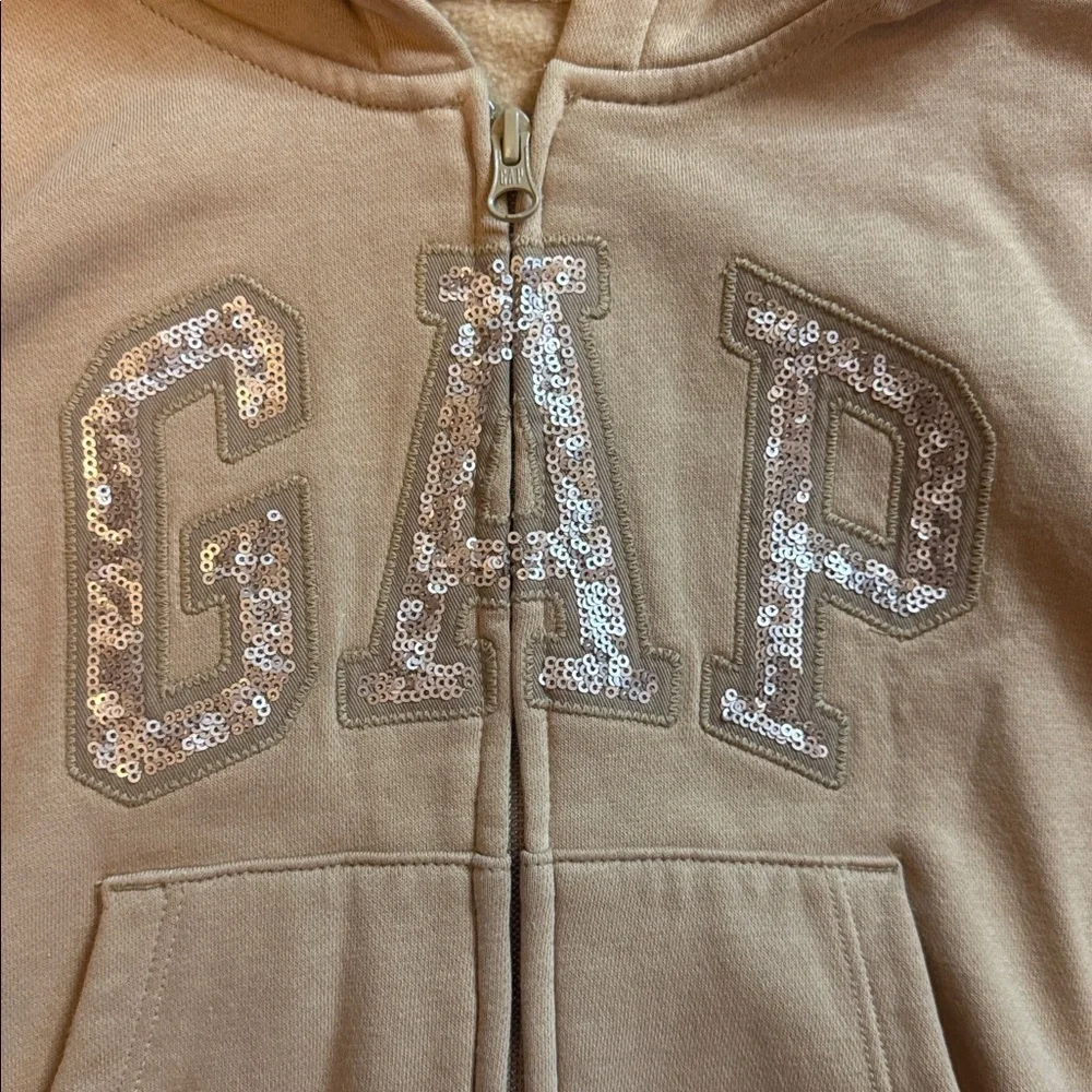 GAP Kids Tan Hoodie size 8 sequined Logo cotton full zip spring neutral